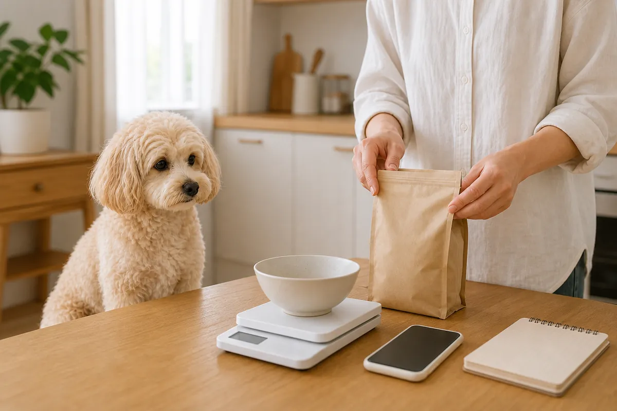 マルプーのそばで飼い主がフード袋のカロリー表示と体重のメモを確認している