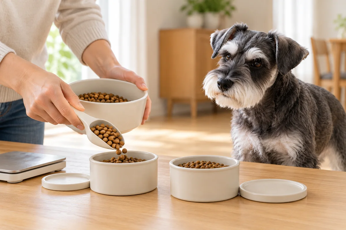 飼い主がフードを容器へ取り分ける様子を同じミニチュア・シュナウザーが見ている