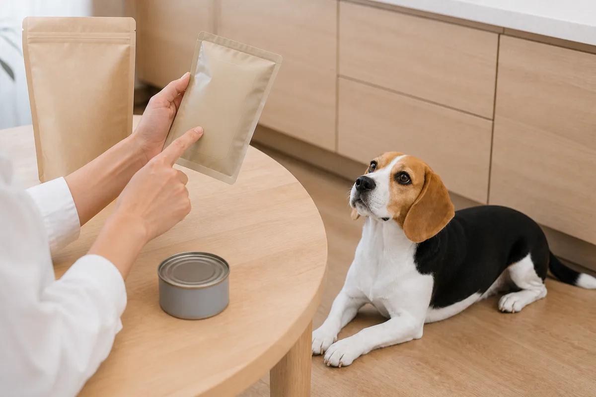 ダイニングテーブルでレトルトパウチを持ち上げ、その表示面を人差し指でさしている飼い主の手元。テーブルには缶とフードの袋が置かれ、脇の床にビーグルが伏せて見上げている
