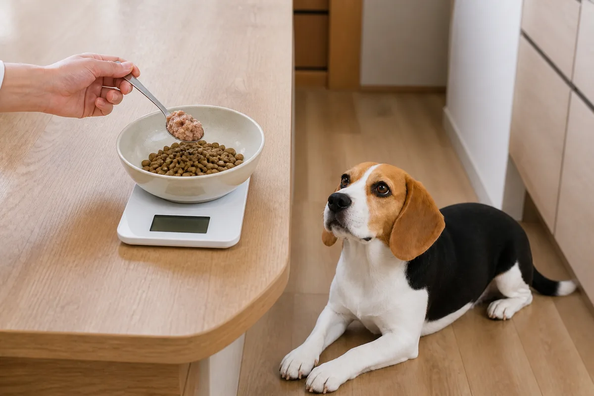 キッチンスケールに載せた器のドライフードにスプーンでウェットフードを足そうとしている飼い主の手元と、手前の床に伏せて待っているビーグル