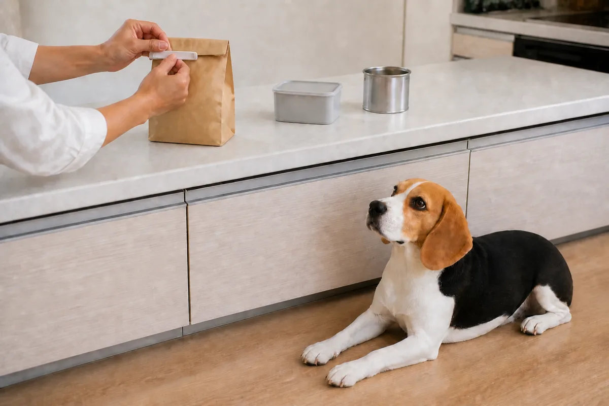 キッチンカウンターでドライフードの袋の口をクリップで閉じている飼い主の手元。奥にふたをした保存容器と開封済みの缶が置かれ、手前の床にビーグルが伏せている