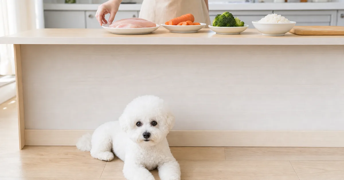 キッチンの調理台に並べた調理前の鶏むね肉・にんじん・ブロッコリー・白米のそばで、床に伏せて見上げている白いビション・フリーゼ