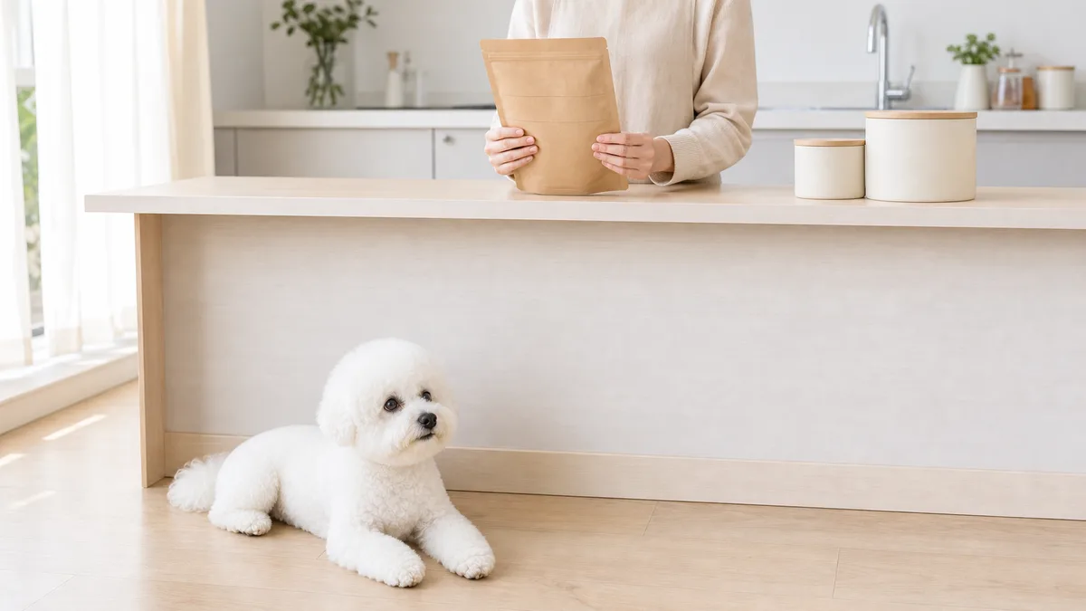 キッチンでクラフト紙のフード袋を両手で持って裏面を見ている飼い主と、調理台の手前の床に伏せている白いビション・フリーゼ