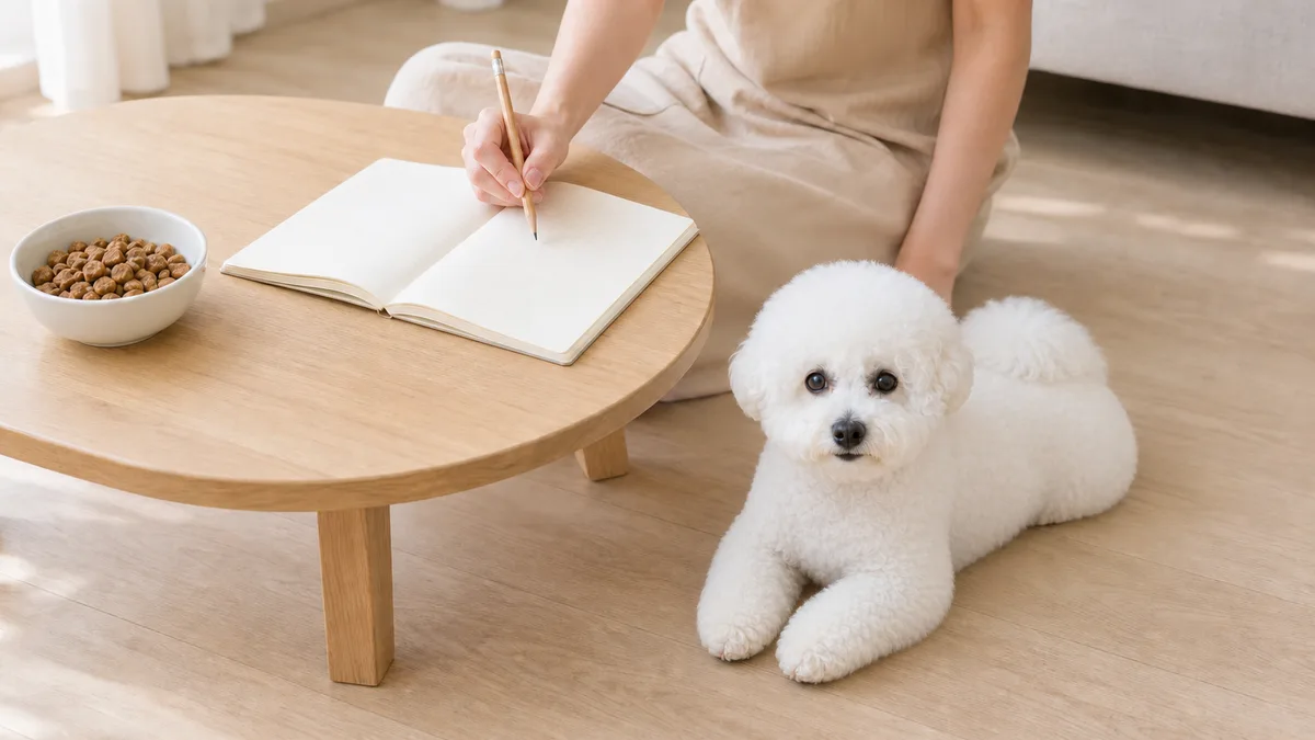 低いテーブルに置いた無地のノートへ鉛筆で書き込む飼い主の手元と、フードの入った白いボウル、そばの床に伏せている白いビション・フリーゼ