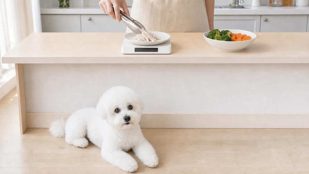キッチンのデジタルスケールに載せた白い小皿へ、トングでほぐしたゆで鶏を量って入れている飼い主の手元と、調理台の手前の床に伏せている白いビション・フリーゼ