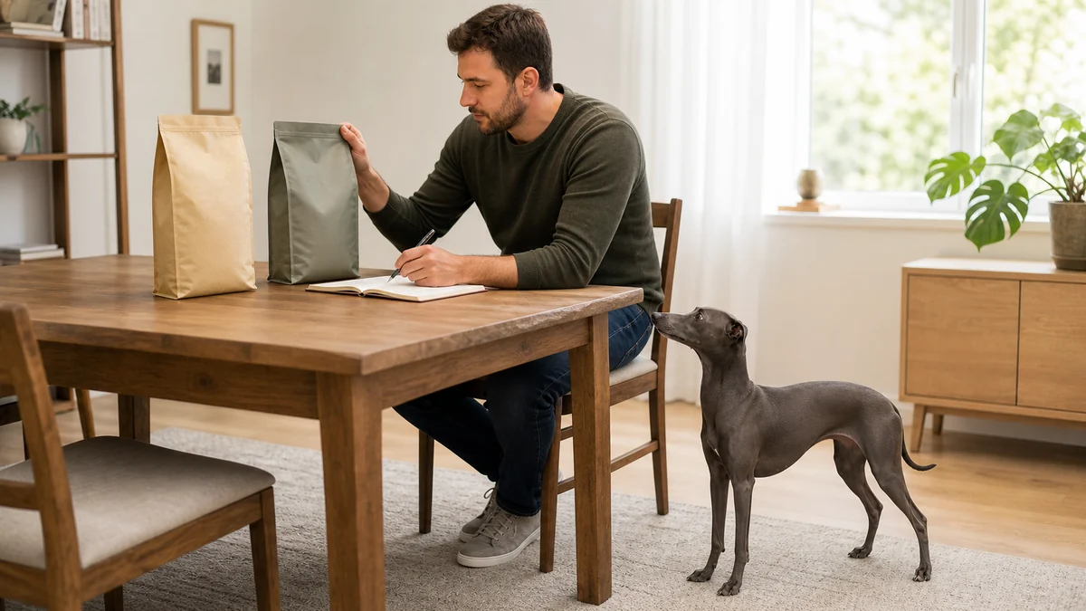 ダイニングテーブルに2つのドッグフードの袋とノートを並べて書き込む飼い主と、椅子の横の床に立ってその手元を見ているブルーのイタリアン・グレーハウンド