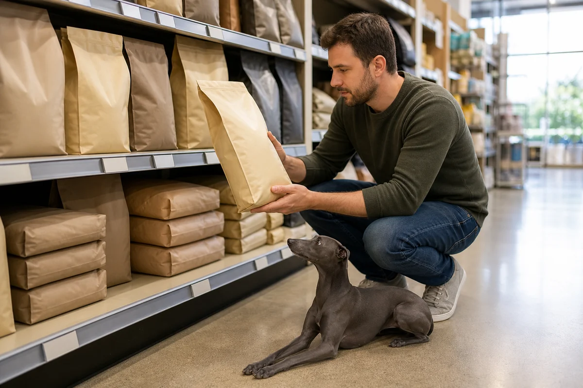 ペットショップのフード売り場でしゃがんだ飼い主がドッグフードの袋の表面を見ており、足元の床にブルーのイタリアン・グレーハウンドが伏せて見上げている