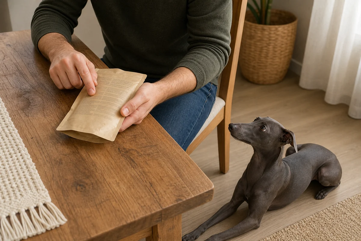 自宅のテーブルでドッグフードの袋を裏返し、原材料名の欄を指でたどっている飼い主の手元と、そばの床に伏せているブルーのイタリアン・グレーハウンド