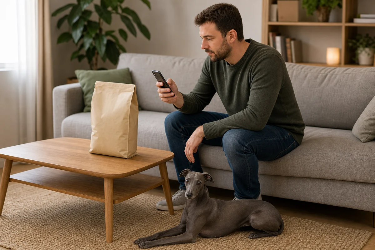 自宅のソファでスマートフォンを見ながらドッグフードのメーカー情報を調べている飼い主と、その足元のラグに伏せているブルーのイタリアン・グレーハウンド