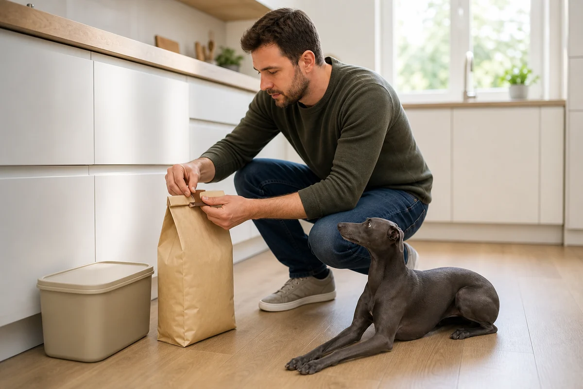 キッチンの床に置いたドッグフードの袋の口をクリップで閉じている飼い主と、そのそばの床に伏せて見ているブルーのイタリアン・グレーハウンド