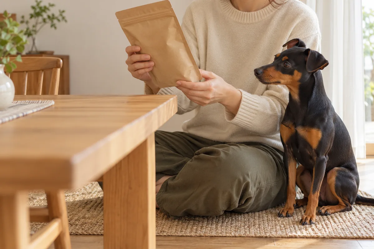 無地のフード袋の裏を確認する飼い主と、横で手元を見ているブラック＆タンのミニチュア・ピンシャー
