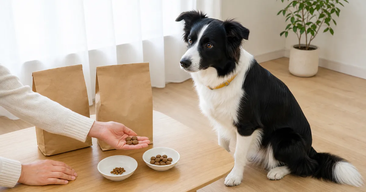 テーブルに置いた2種類のドライフードの粒を手のひらにのせて見比べる飼い主と、横で座って見上げるボーダー・コリー