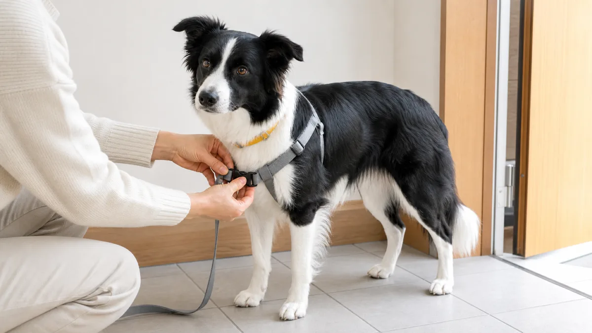 玄関で立っているボーダー・コリーの胸元で、しゃがんだ飼い主が無地のハーネスの留め具を留めている