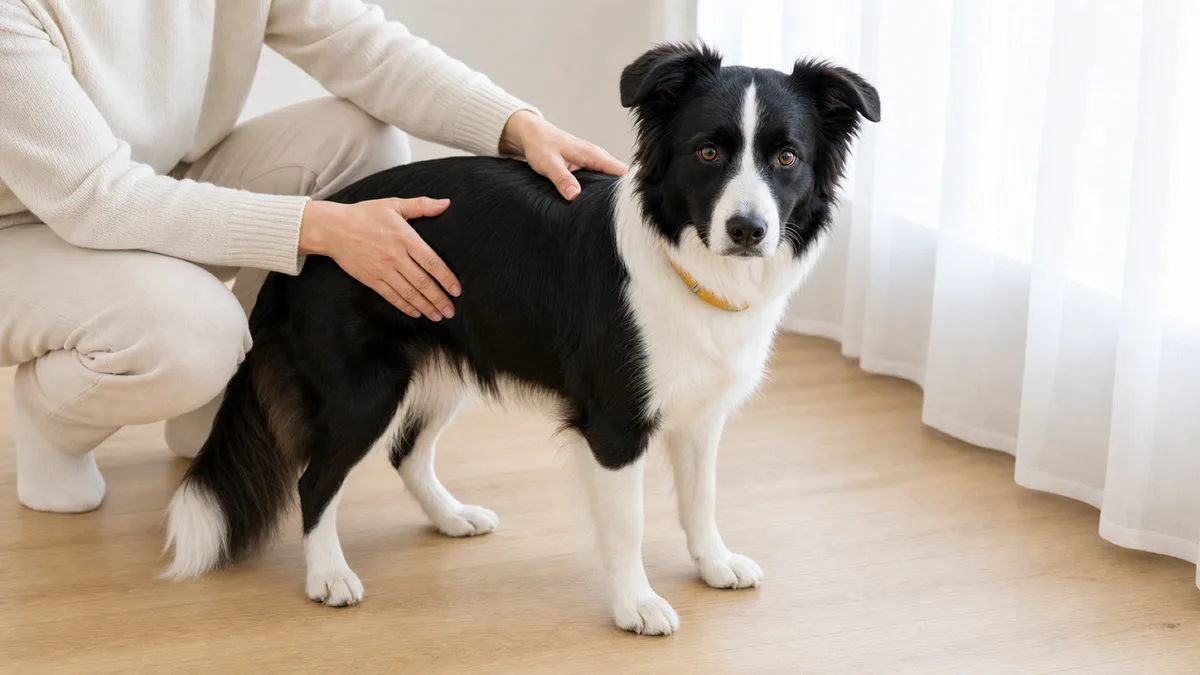 窓辺に立つボーダー・コリーの背中と腰に、しゃがんだ飼い主が両手をやさしく添えて筋肉のつき方を確かめている