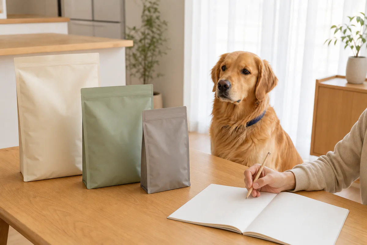 大きさと色の異なる無地のドッグフードの袋が3つ並ぶテーブルで、飼い主が白紙のノートに鉛筆を持って比べている横にゴールデン・レトリーバーがいる