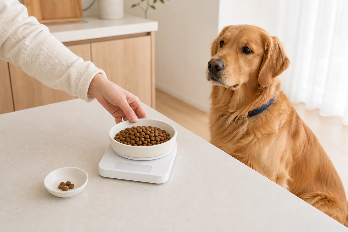 キッチンスケールに載せた白い皿のドライフードと、別の小皿に取り分けたおやつを飼い主が整えている手元と、傍らのゴールデン・レトリーバー