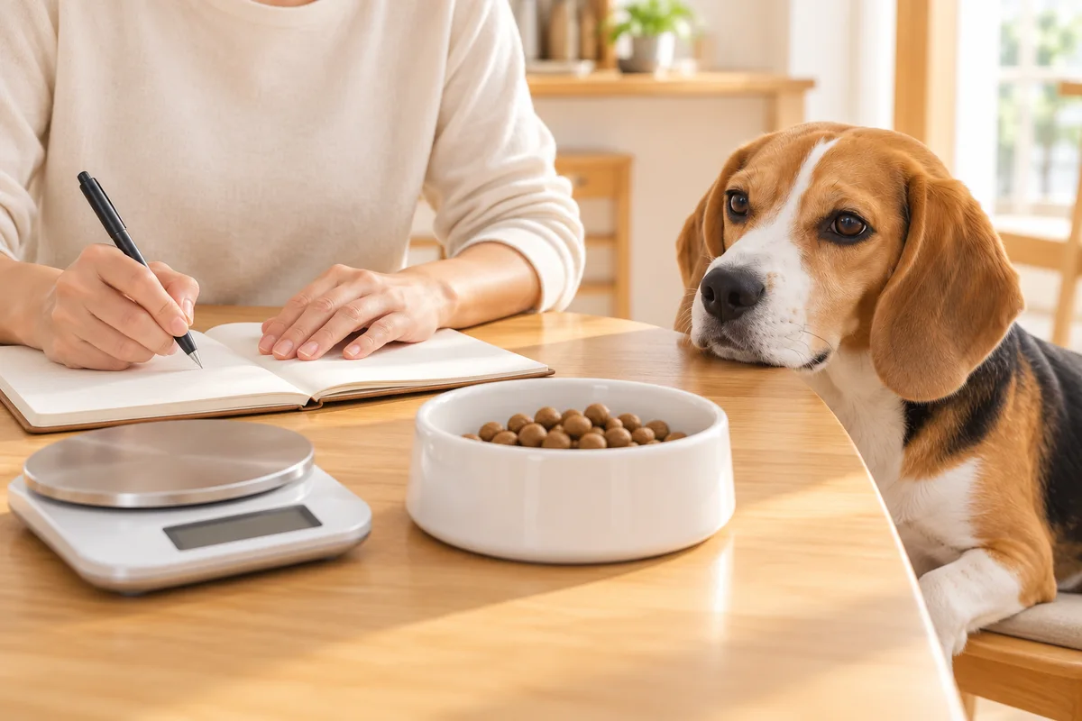 ビーグルのそばで、飼い主が食器とはかりを見ながらノートに食事の記録を残す