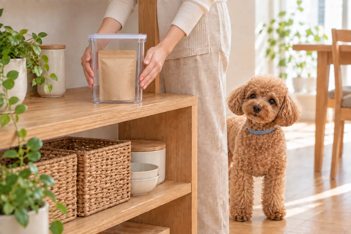 袋ごとフードを入れて蓋を閉じた保存容器を支える飼い主の手元と床の愛犬