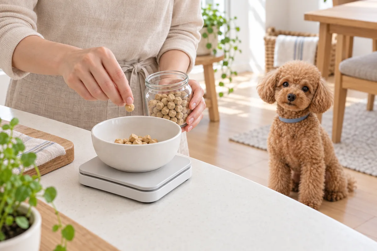 台所のはかりに置いた器で乾いたフードを量り、床で愛犬が待つ様子