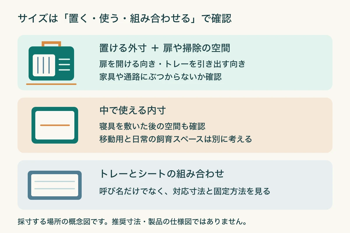 置き場所の外寸と扉の開閉空間、中で使える内寸、トイレトレーに合うシートを別々に確認する図