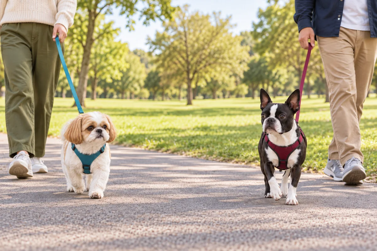 二人の大人がそれぞれリードを持ち、間隔を空けて同じ方向へ歩く二頭の成犬