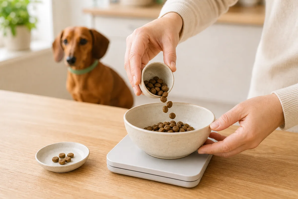 キッチンスケールでドッグフードを計量し、その日のおやつを小皿に取り分けている手元