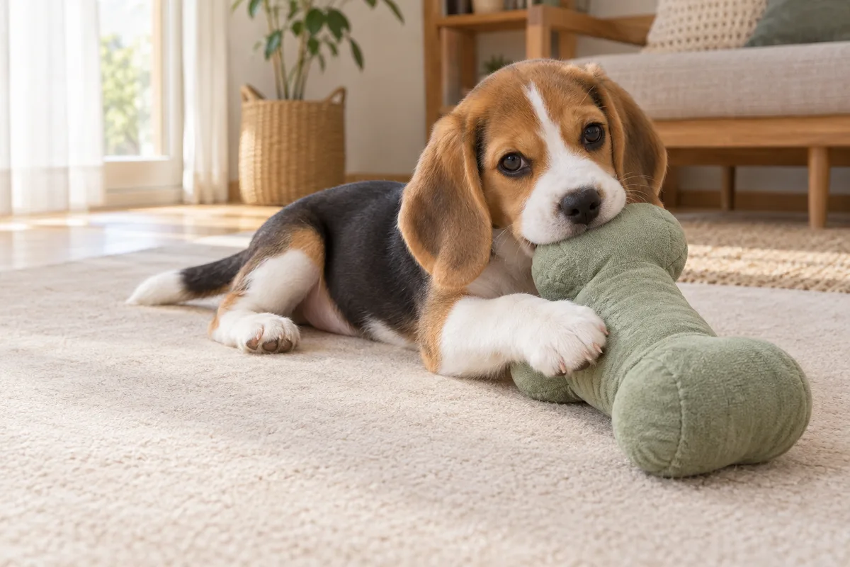 大きめの柔らかい緑色のおもちゃを前足で支え、口にくわえるビーグルの子犬