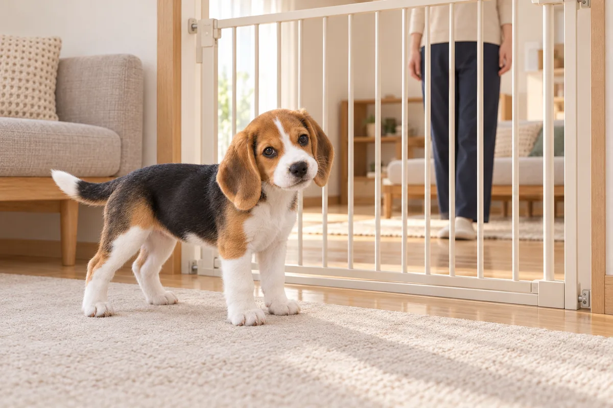 室内ゲートを挟み、子犬から少し離れた場所に飼い主が静かに立っている