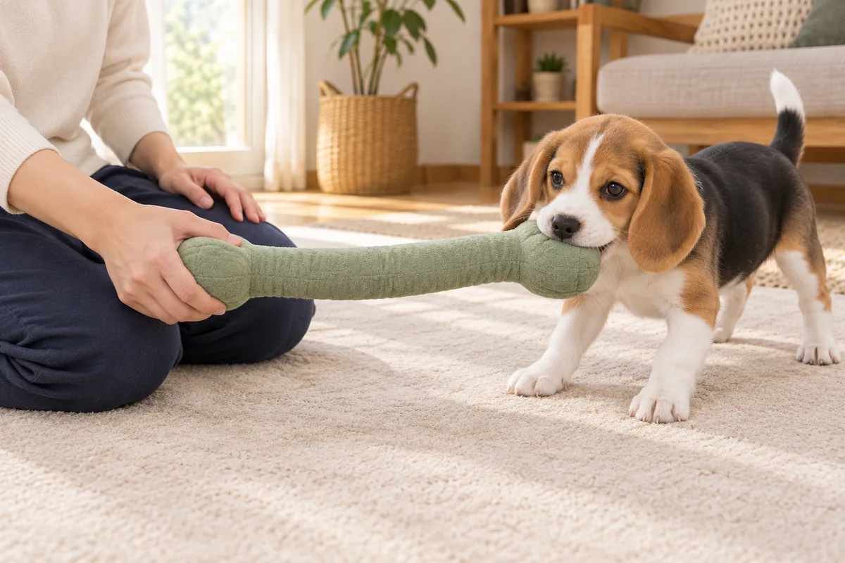飼い主が長い布製おもちゃの片端を持ち、手から離れた端を子犬がくわえている