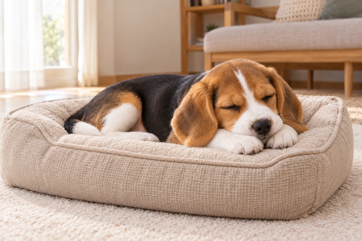 低いベージュの寝床で、前足に頭を乗せて眠っているビーグルの子犬
