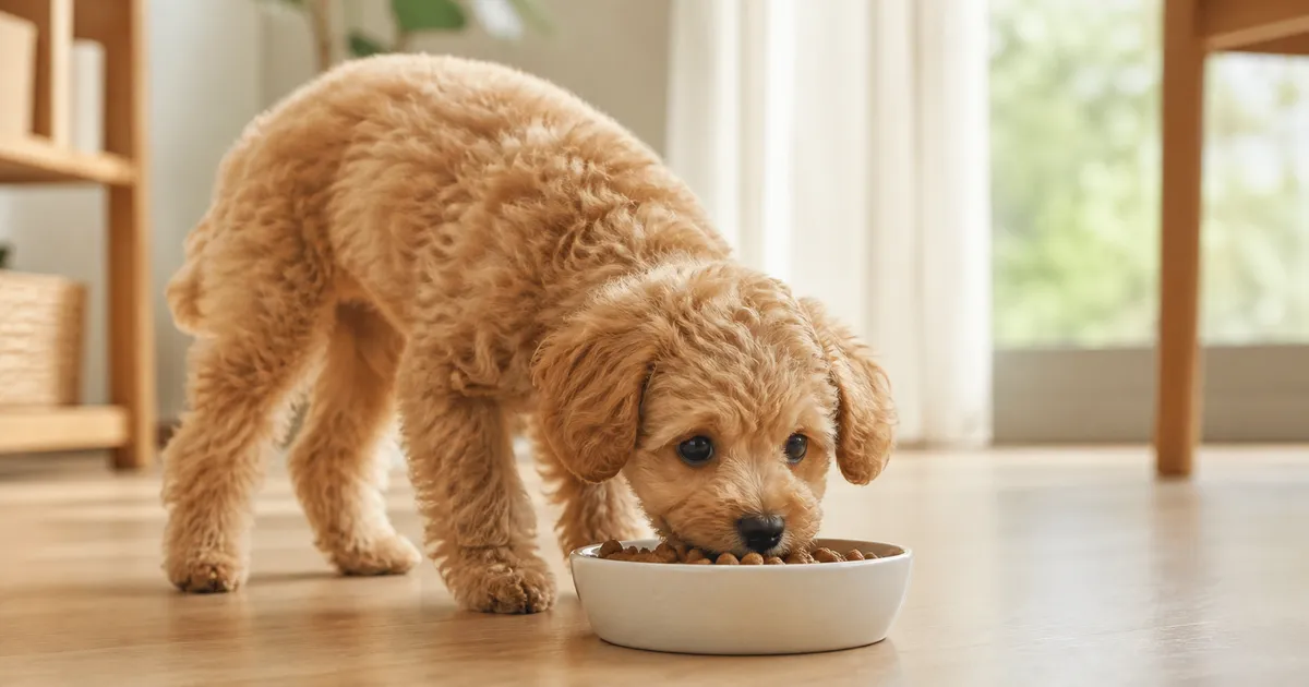 床に置いたフードボウルからドッグフードを食べるトイプードルの子犬