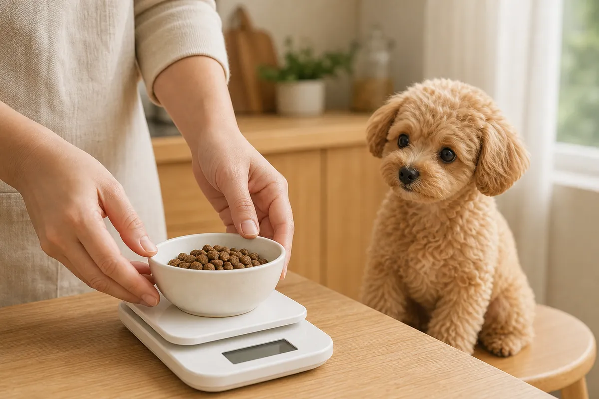 キッチンスケールでドッグフードを量る飼い主とそばのトイプードルの子犬