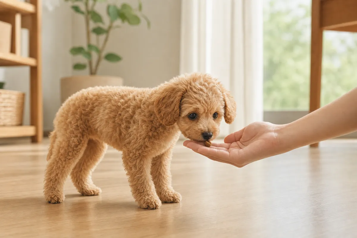 飼い主の手からフードを受け取ろうとするトイプードルの子犬