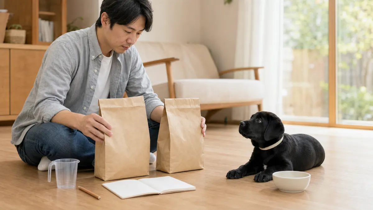 自宅の床に2つのドッグフードの袋と計量カップ、ノートを並べて書き込む飼い主と、空のフードボウルの横で待つブラックのラブラドール・レトリーバーの子犬