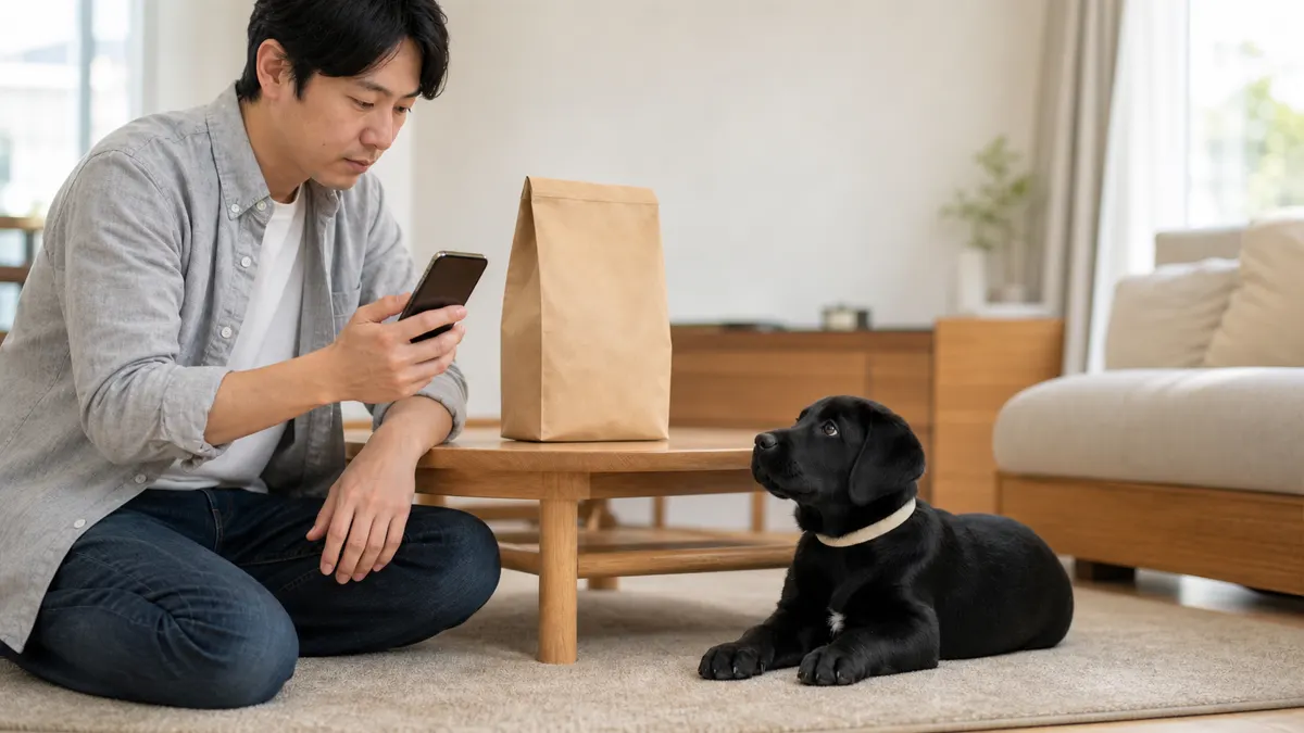 自宅のテーブルにドッグフードの袋を置いた飼い主がスマートフォンでメーカーの公式サイトを調べており、そのそばの床にブラックのラブラドール・レトリーバーの子犬が伏せている