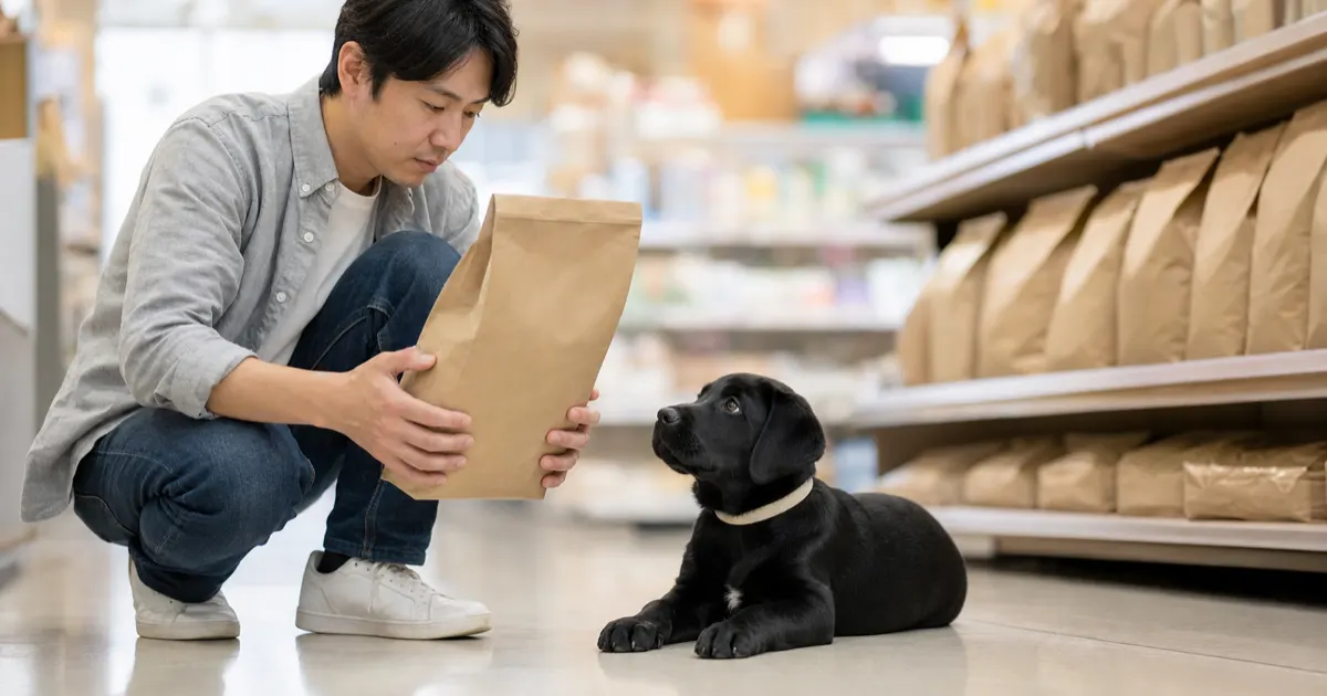 ペットショップのフード売り場でしゃがんでドッグフードの袋を読んでいる飼い主と、その足元の床に伏せて手元を見上げているブラックのラブラドール・レトリーバーの子犬