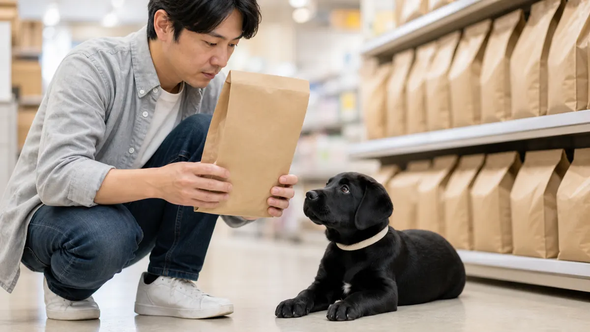 ペットショップの棚の前で、しゃがんだ飼い主がドッグフードの袋を裏返して表示を読み、足元の床にブラックのラブラドール・レトリーバーの子犬が伏せて手元を見上げている