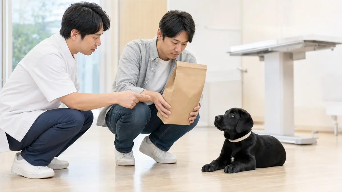 動物病院の診察室で、床に伏せているブラックのラブラドール・レトリーバーの子犬のそばで、飼い主がドッグフードの袋を手に持ち、しゃがんだ獣医師と話している