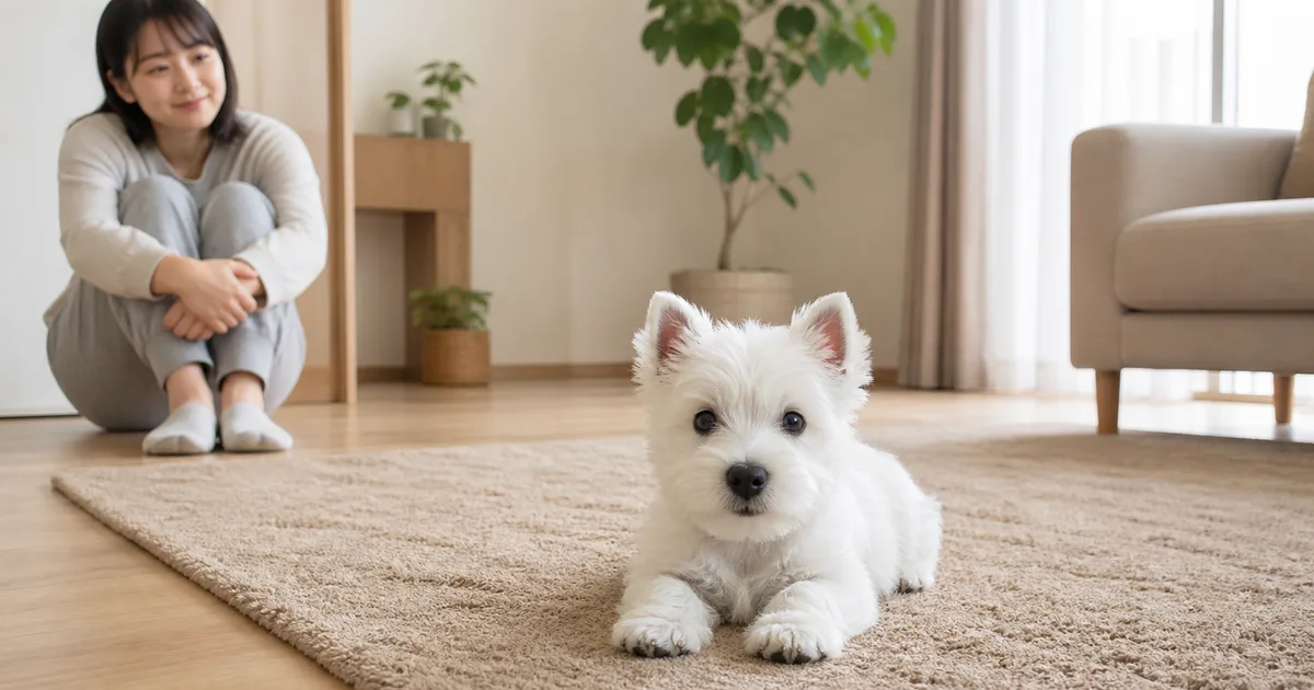 リビングの床に敷いたマットの上で伏せているウエスト・ハイランド・ホワイト・テリアの子犬と、少し離れた床に座って見守る飼い主