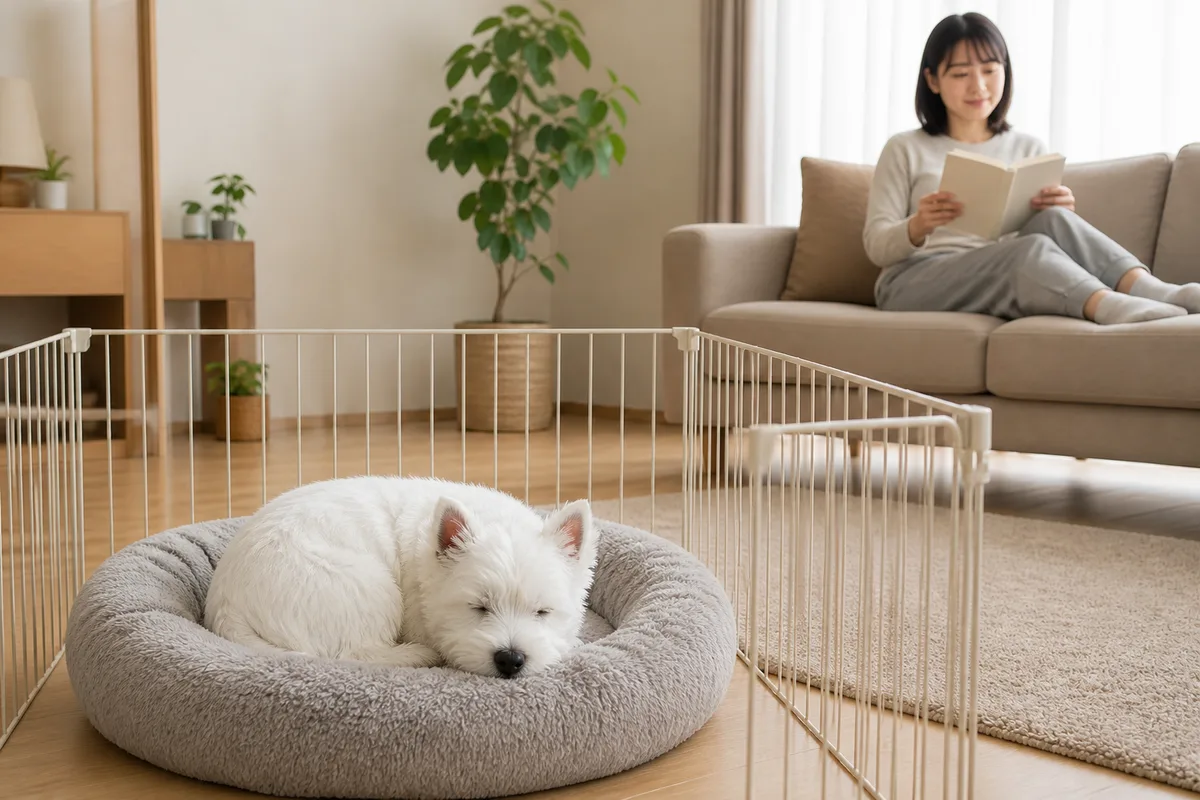 サークルの中の寝床で丸くなって眠っているウエスト・ハイランド・ホワイト・テリアの子犬と、少し離れたソファに座って静かに見守る飼い主