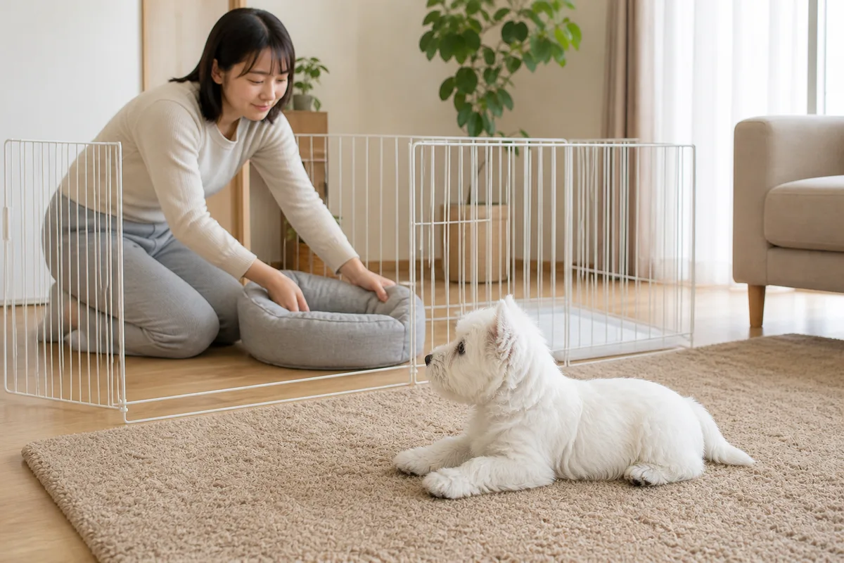 リビングに組んだサークルの中で寝床の位置を整えている飼い主と、その手前のラグに伏せて様子を見ているウエスト・ハイランド・ホワイト・テリアの子犬