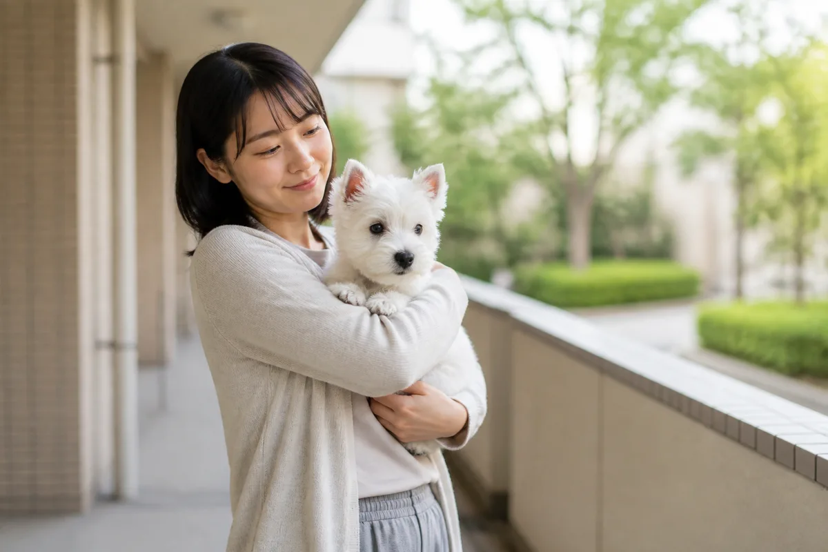 マンションの共用廊下で飼い主に両腕で抱きかかえられ、屋外の明るい場所で耳を立てているウエスト・ハイランド・ホワイト・テリアの子犬