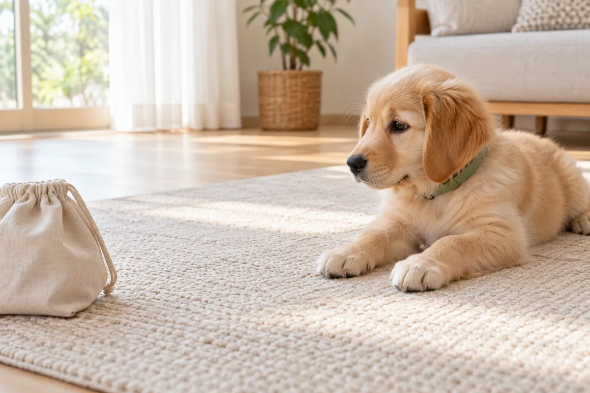 マットに伏せたゴールデン・レトリーバーの子犬が、離して置かれた布の袋を見ている