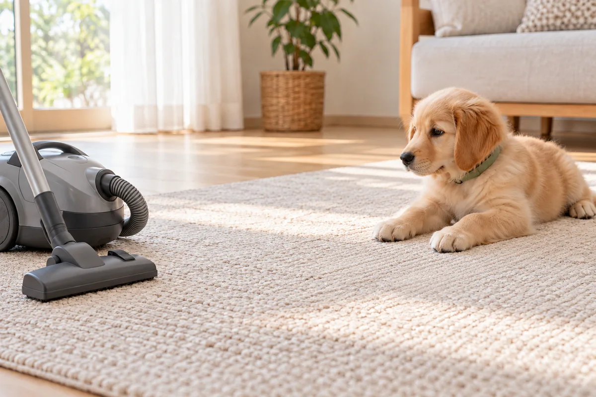 動かしていない掃除機と距離を空けて、マットに伏せるゴールデン・レトリーバーの子犬