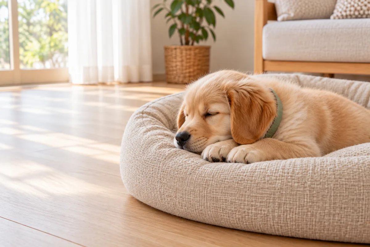 静かなリビングの寝床で、前足に顔を載せて眠るゴールデン・レトリーバーの子犬