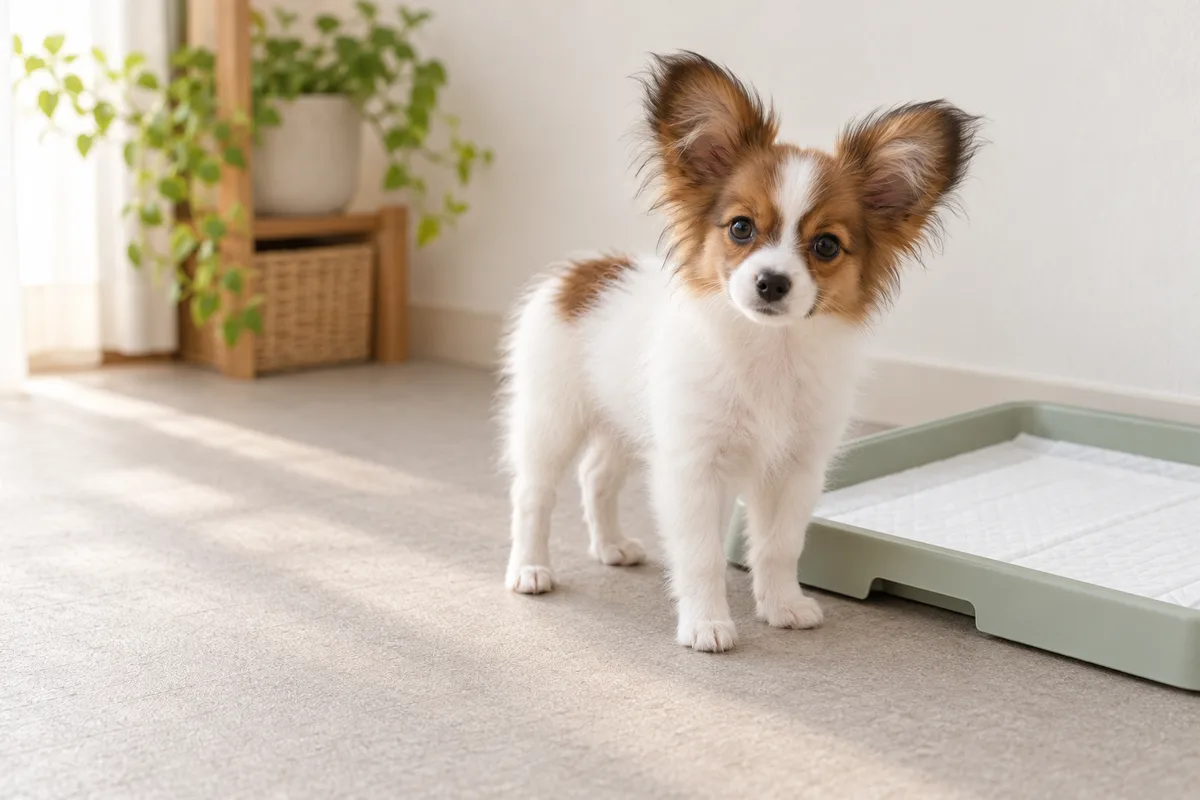白とセーブルのパピヨンの子犬が、白いシーツを敷いた低いトイレトレーのそばに立っている