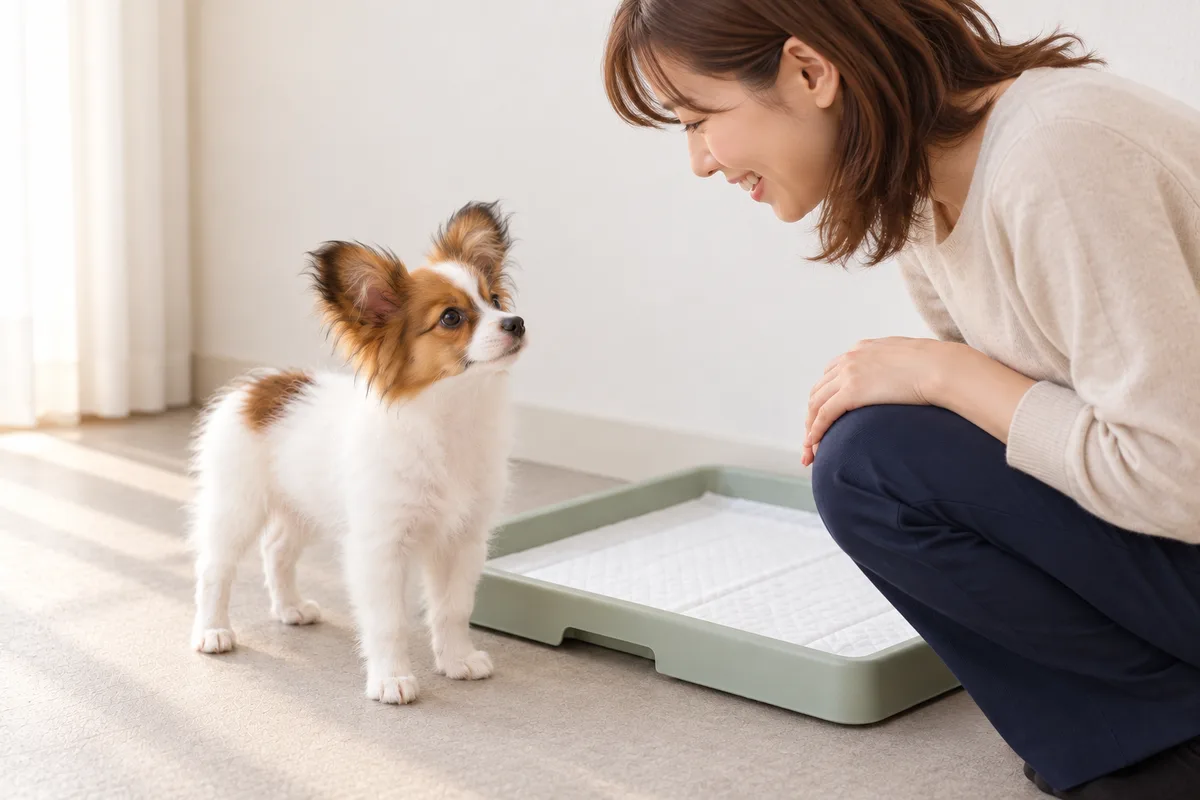 トイレのそばで、しゃがんだ飼い主を見上げる子犬と穏やかに向き合う飼い主
