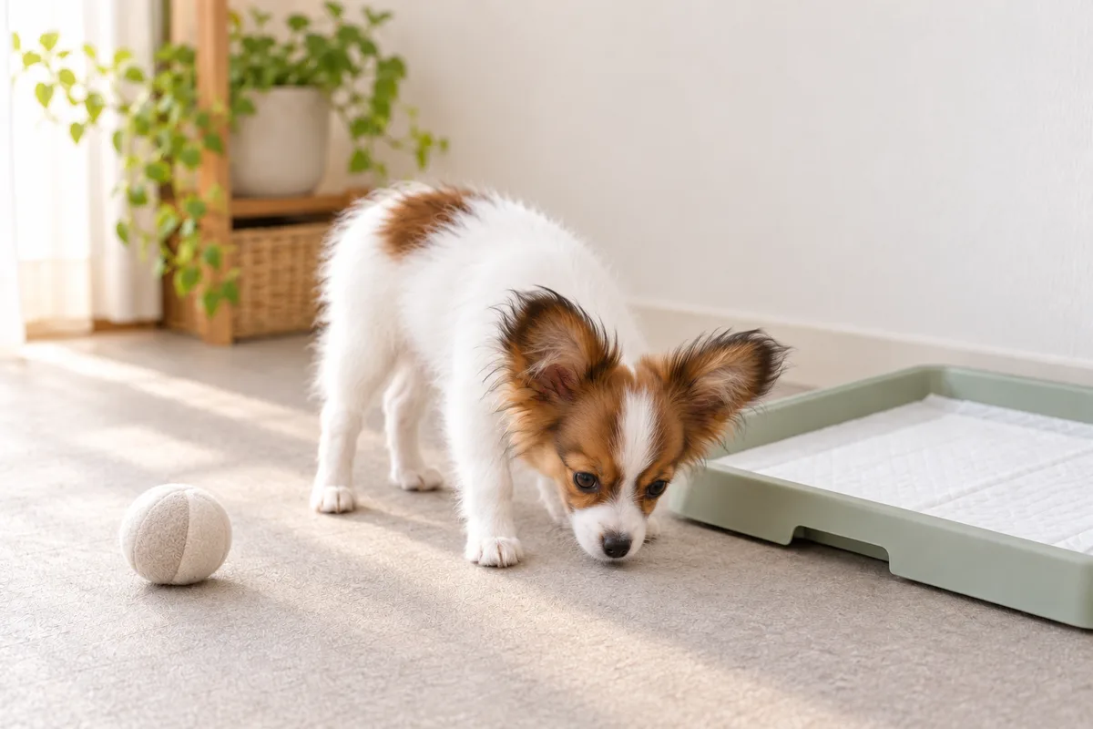 布のボールから離れ、トイレの近くの床に鼻を寄せているパピヨンの子犬