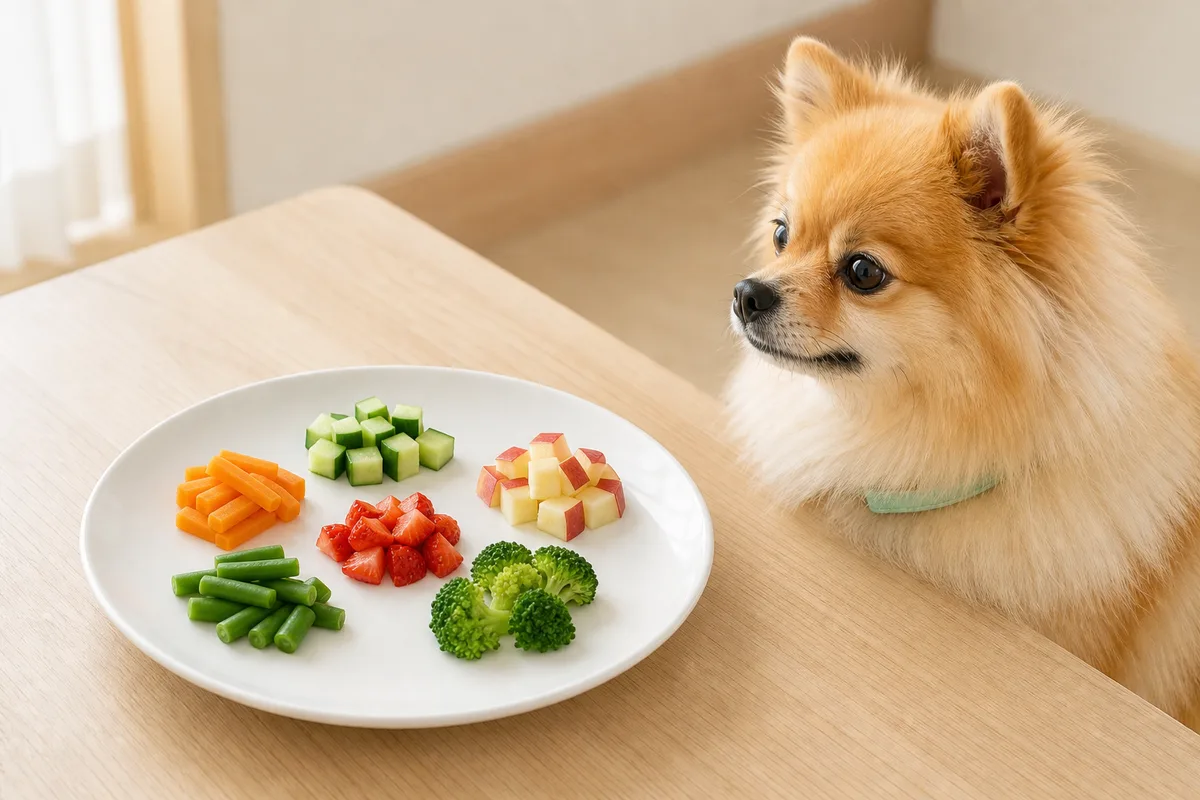 白い皿に一口大へ切り分けられたにんじん・きゅうり・りんご・いちご・さやいんげん・茹でたブロッコリーと、横から見ているポメラニアン