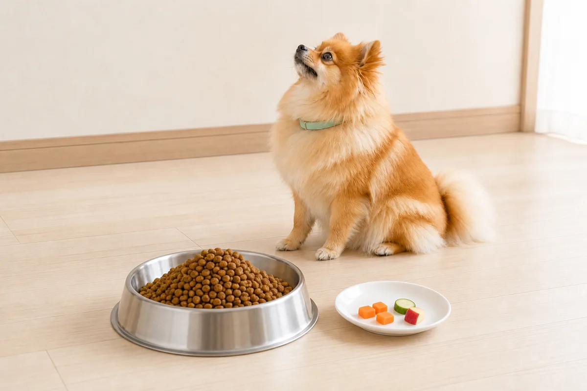 1食分のドライフードが入ったフードボウルと、その隣の小皿にごく少量だけ盛られた角切りのにんじん・きゅうり・りんご、そばに座るポメラニアン